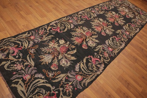 4'2" x 13'5" Vintage Hand Woven Turkish Kilim 100% Wool Runner Area Rug Charcoal - Picture 2 of 8