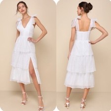 Lulus Blissful Direction White Tie-Strap Clip Dot Bustier Tiered Ruffle Wedding