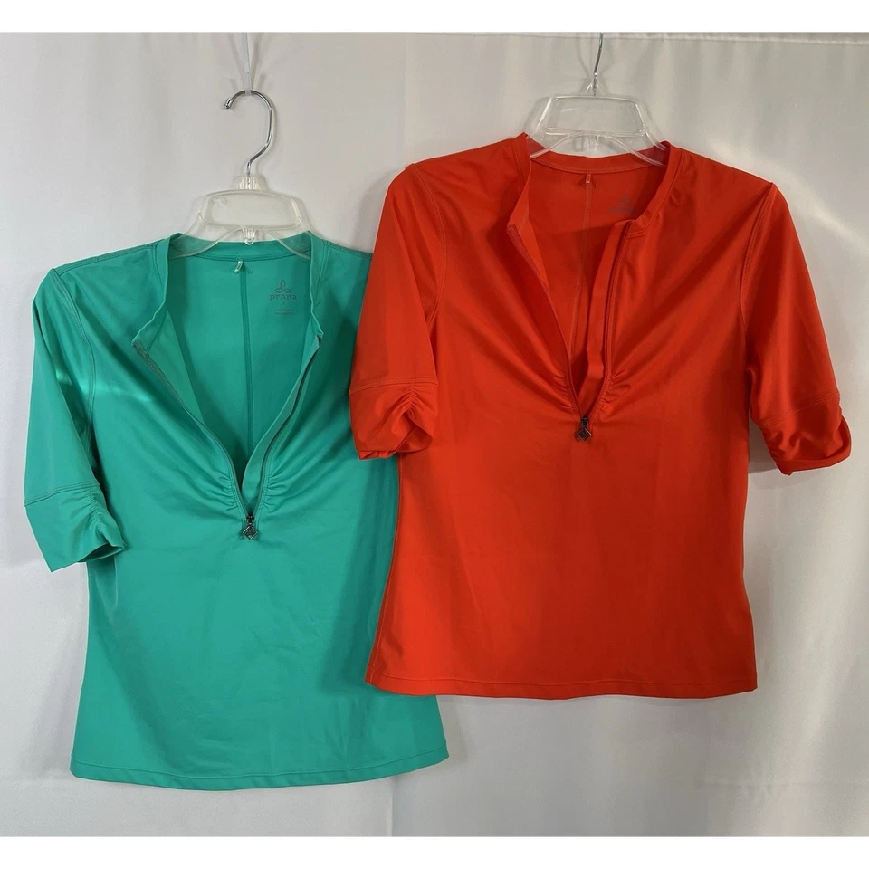 Pullover Prana Breathe Manga Corta 2 Camisas Mujer Pequeño Naranja/Verde 1/4 Cremallera Foto 2 de 4