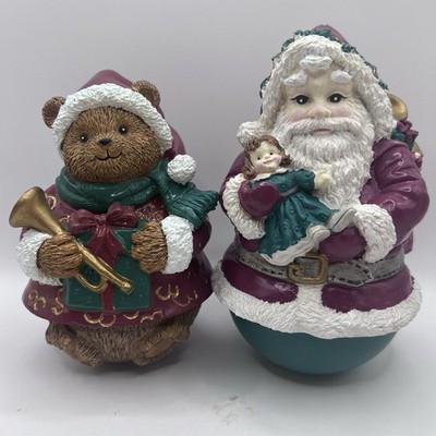 Set of 2 Roly Poly Santa Claus, Xmas Bear Carlton Cards Figurines Vtg 5.5 