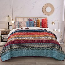WONGS BEDDING Bohemian Quilt Set California King, Boho Striped Pattern Quilts...