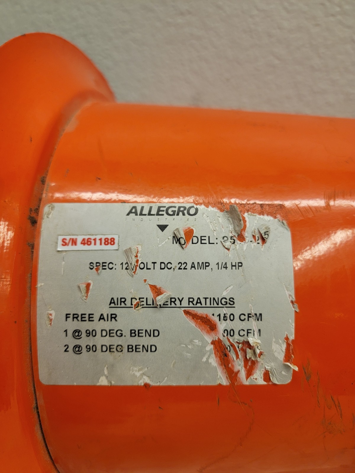 Allegro Industries Fan For Confined Spaces Model-9514-25 Ventilation. Fan Only