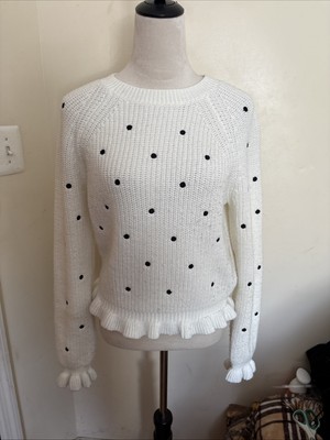 English Factory Women s White With Black Polka Dots Ruffle Trimmed Knit Sweater 
