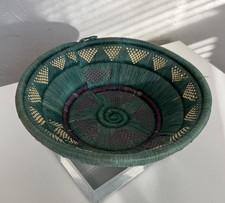 Vintage Handwoven Coiled Basket Bowl Lid Green & Purple 10” Tribal Hanging Boho