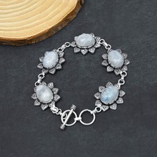 Rainbow Moonstone Gemstone Handmade 925 Sterling Silver Jewelry Bracelet 6-8"