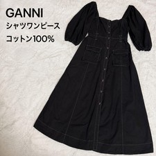 GANNI Puff Sleeve Organic Cotton Dress Square Neck Size S Black