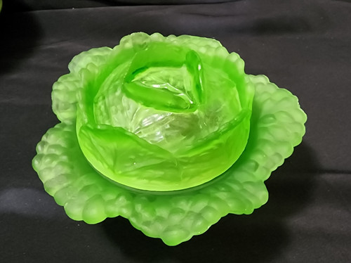 Antique Portieux Vallerysthal France  Cabbage Butter Dish Satin Frosted Green