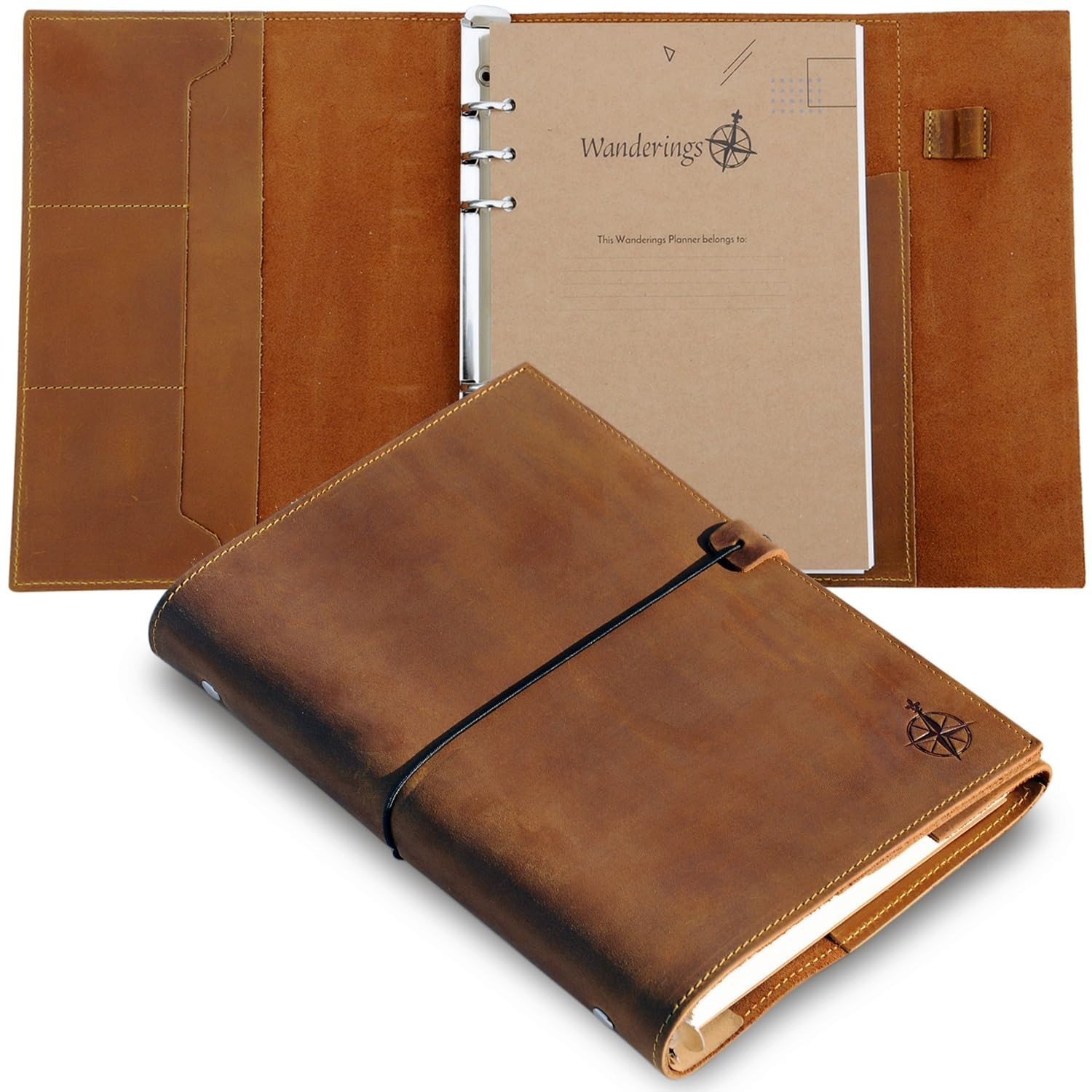 Handcrafted A5 Leather Binder Journal with 6 Rings and Pockets for Organizing