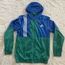 Adidas Windbreaker Jacket Mens Small Blue Green Full Zip Hooded Lightweight