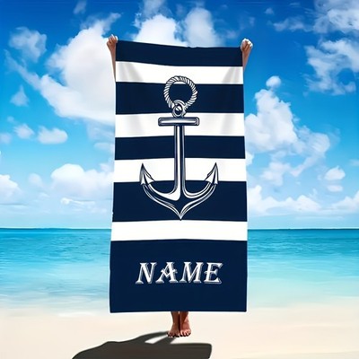 Personalized Nautical Anchor & Striping Beach Towel - Custom Name/Text on Strip