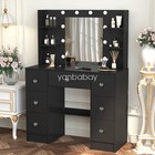 Bedroom Makeup Vanity Desk Black Dressing Table w/ LED 3 Light Modes Mirror Set