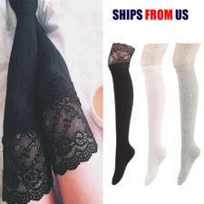 Women Cable Knit Long Boot Socks Over Knee Thigh High Lace Trim Warm Stocking