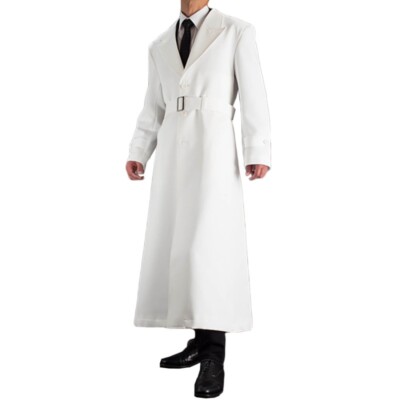 Men's White Long Coat Single Breasted Wind Cheater Peak Collar
