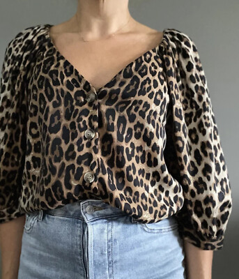 H&M ladies brown black animal leopard print top blouse size 10