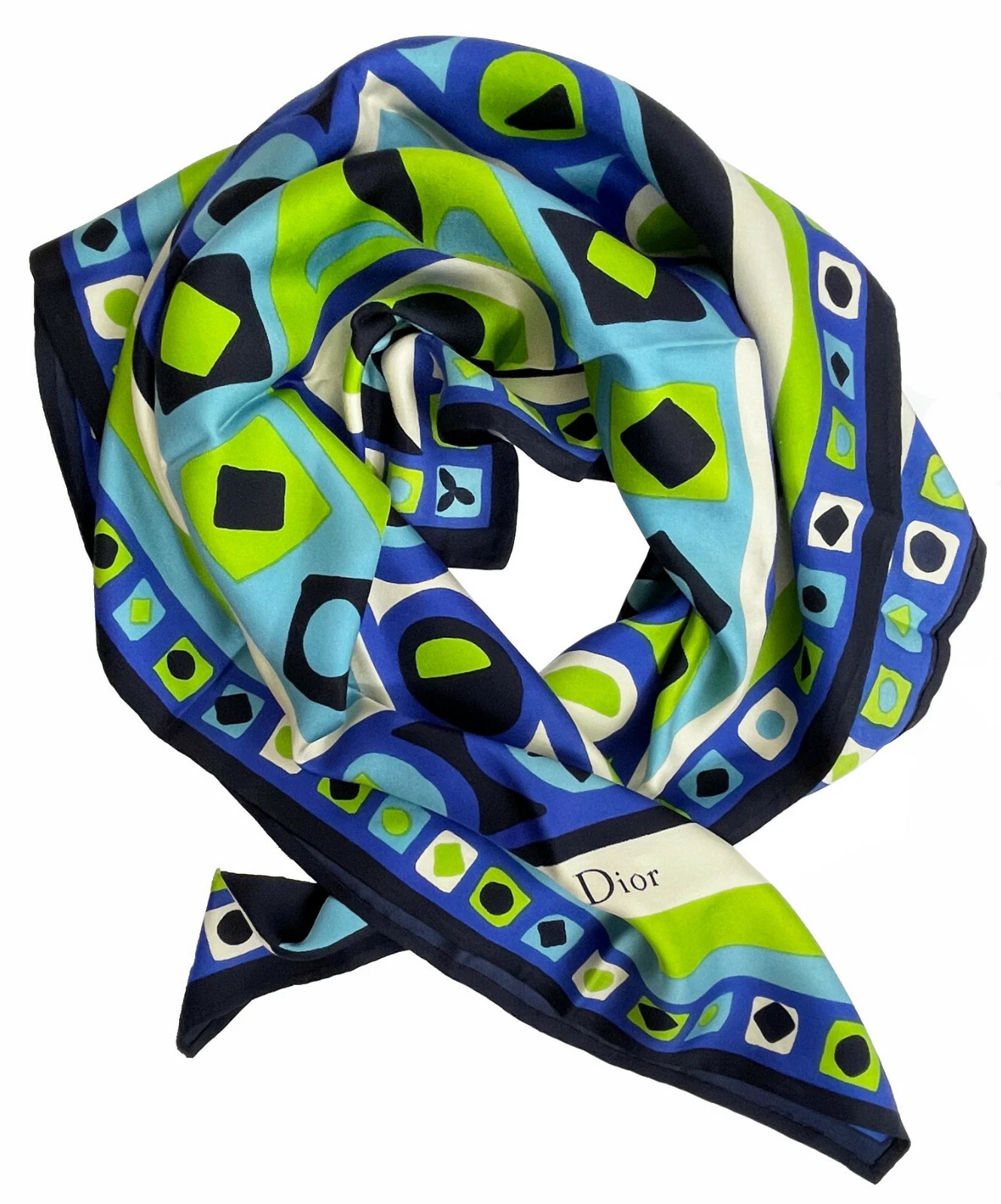 Vintage CHRISTIAN DIOR Mod Graphic Silk Twll Scarf 29 Inch Square Blue Green...