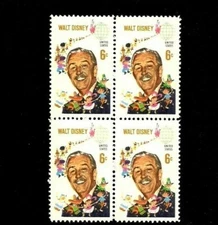 1968 WALT DISNEY Block of 4 Stamps Vintage U.S. Postage stamps #1355
