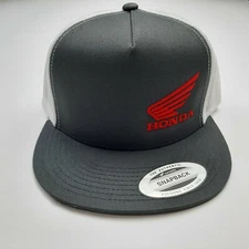 Honda Motorcycles Flat Bill Cap Hat Trucker Mesh Snapback Gray & White Yupoong