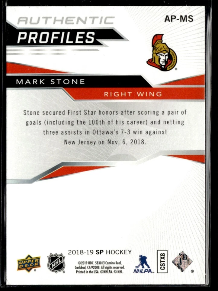2018-19 SP Authentic Profiles blue Mark Stone #AP-MS - Image 2 of 2