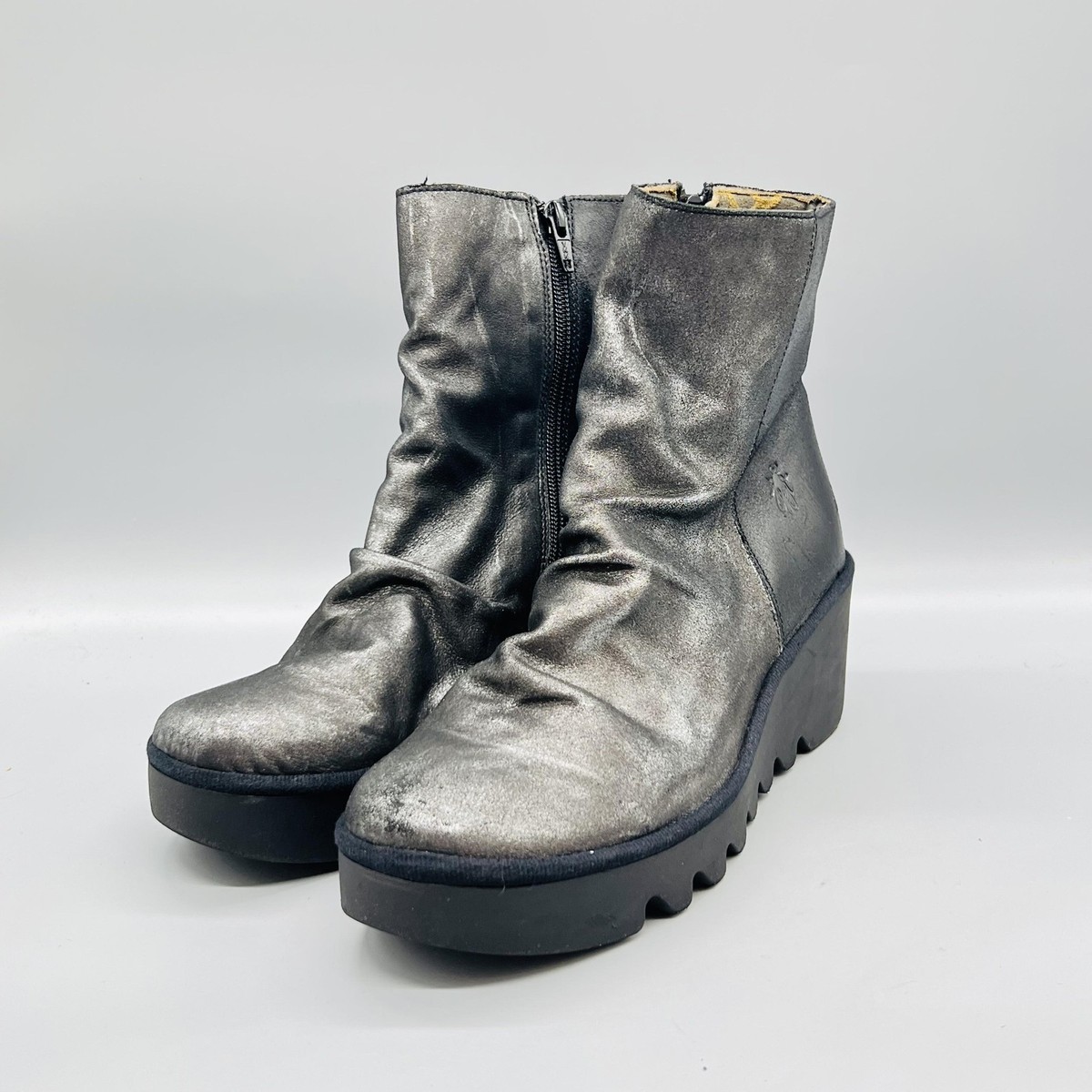 FLY London Boots Womens 8 Silver Black Leather Platform Ankle Wedge Zip Shoes View 3