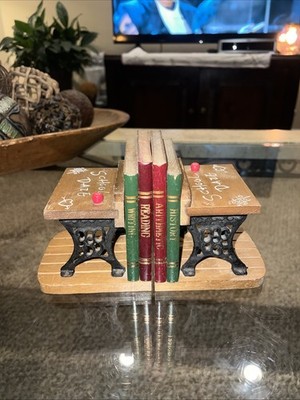 Enesco 1970's Vintage Wooden Cast Iron School Daze Bookends Cottage Core Teacher