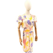 Vintage 80s Flora Kung 100 Silk Pastel Floral Flutter Sleeve Wrap Dress