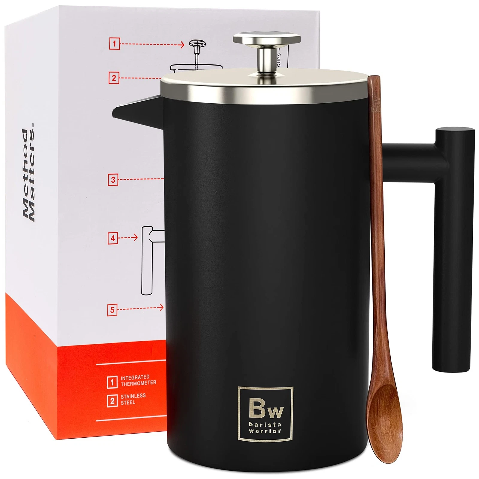 French Press Coffee Maker Stainless Steel with Built-In Thermometer - Insulat...