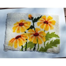 Vintage Handmade Latch Hook Rug Yellow Floral Sunflowers Wall Hanging Retro 70s
