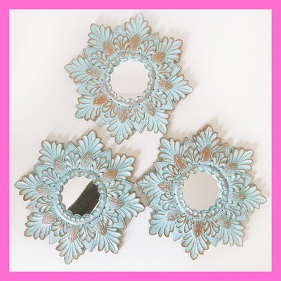 Wall Hanging Mirror Teal Gold Arabesque Sunburst India Style Plastic Shabby Chic
