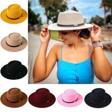 Men Women Retro Classic Wide Brim Flat Top Hat Felt Panama Cap With Belt Buckle
