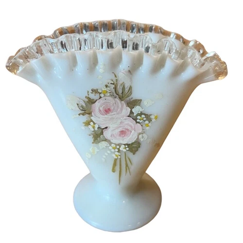 Fenton Milk Glass Fan Vase w/ Clear Ruffle Edge Pink Roses Flowers 4.5" tall VTG