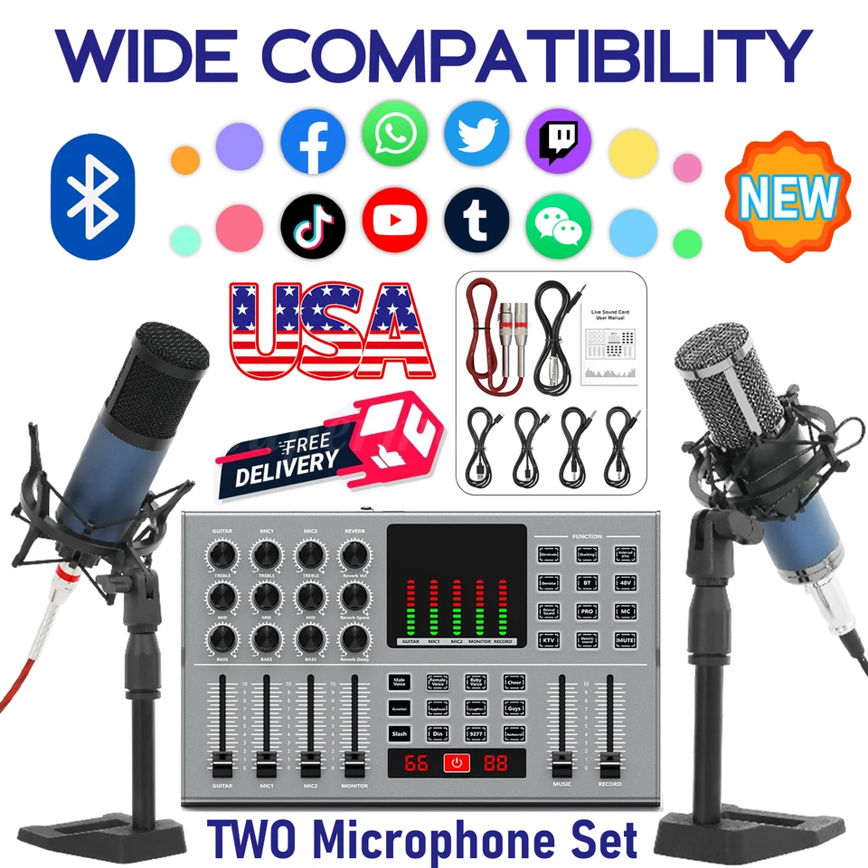 Professional Studio Recording Kit Mixer Condenser 2*Microphone for Music Podcast