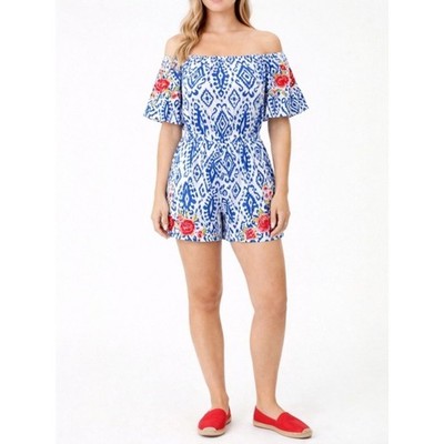 NWT Savanna Jane Boho Blue & White Ikat Floral Embroidered Shorts Romper Size 2X