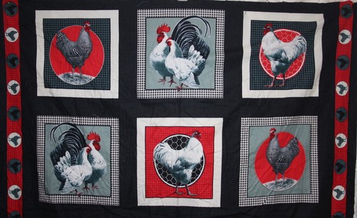 CHICKEN PANEL IN BLACK/ WHITE/ RED FROM QUILTING TREASURES - 100% COTTON FABRIC