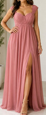 Dusty Rose Chiffon Sleeveless Dress Corset Lace-Up Back Slit Size SM