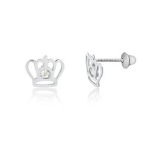 Crown 18k Solid White Gold Zircon Screw Back Stud Earrings Toddlers Children