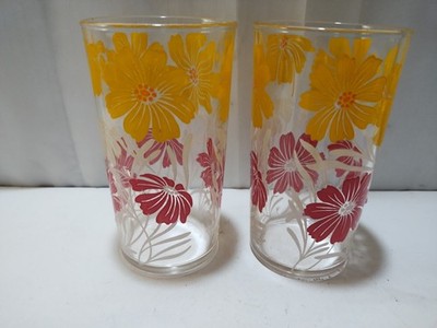 Vintage HAZEL ATLAS Flower GARDEN VARIETY Glass Drinking Glasses Red Yellow RARE