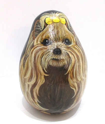 Adorable Hand Painted Silky Terrier Dog Folk Art on Gourd 9.5"