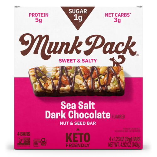 MUNK PACK 1g Sugar Nut & Seed Bars, Sea Salt Dark Chocolate Box, 4 Count, 1.23oz