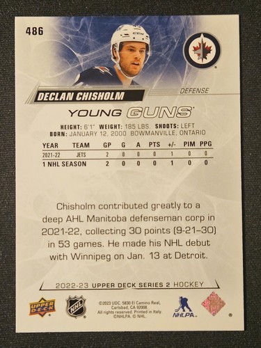 22-23 Upper Deck Declan Chisholm Young Guns Rookie 🚨🚨🚨 Winnipeg Jets - Picture 2 of 2