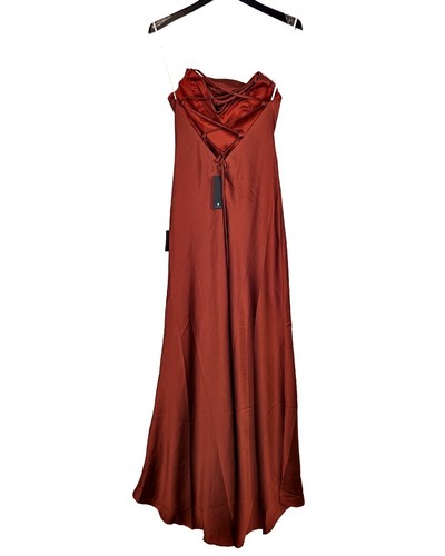 NWT Lulu's Size 8 Connected At Heart Cowl Neck Rust Brown Satin Maxi Dress Gown - Picture 4 of 11