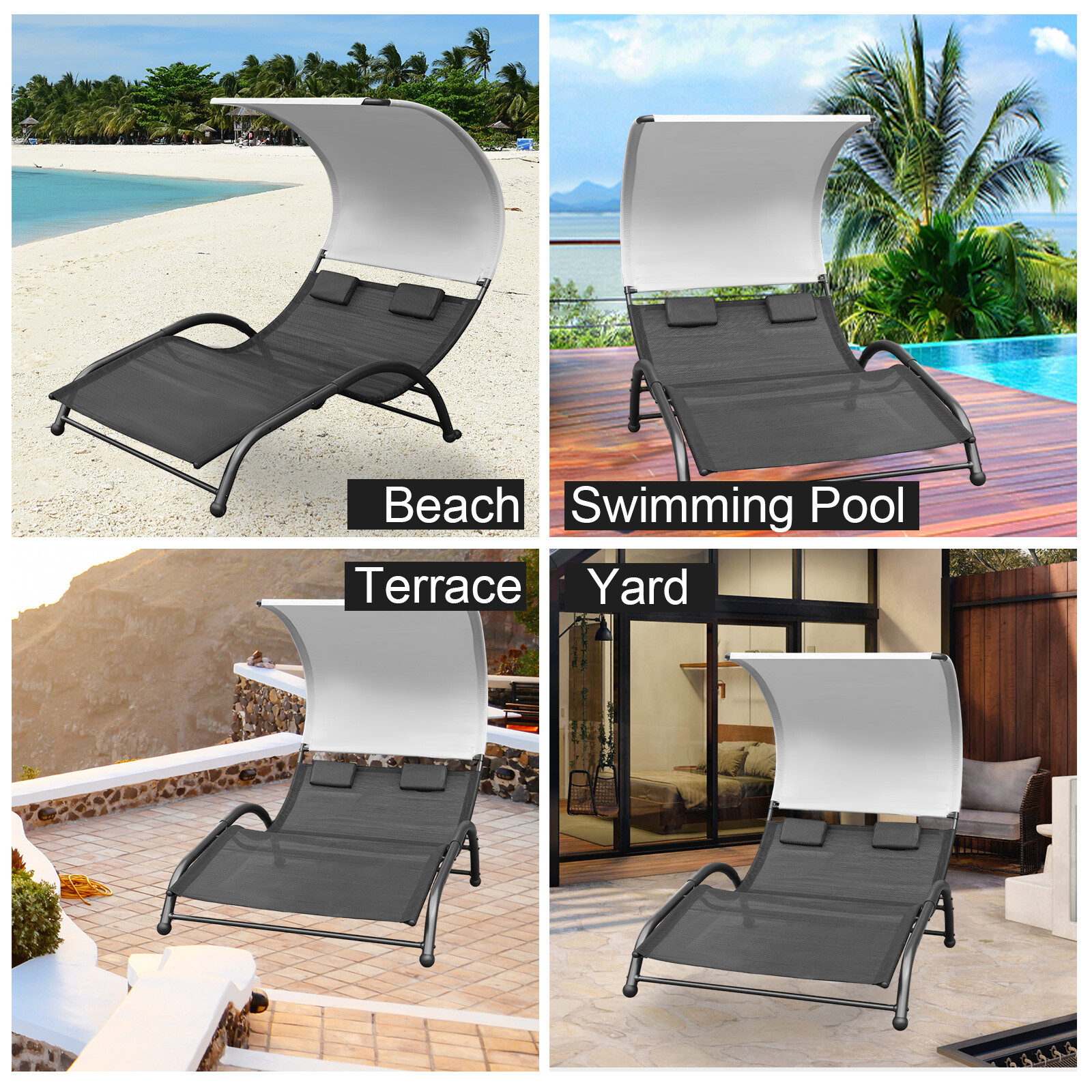 CLARFEY Patio Double Chaise Lounge Hammock Bed Pool Sun Lounger Canopy