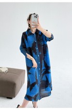 New Casual Pleated Dress with Lapel Print Cardigan Pleated Dress