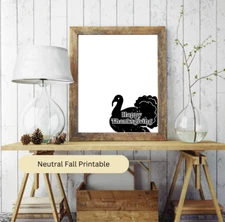 Black and White Neutral Fall Thanksgiving Turkey Printable Digital Wall Art Home