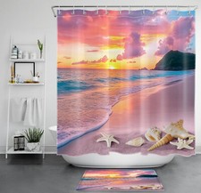 Coastal Sea Seashell Beach Ocean Sunrise Shower Curtain Set for Bathroom Decor