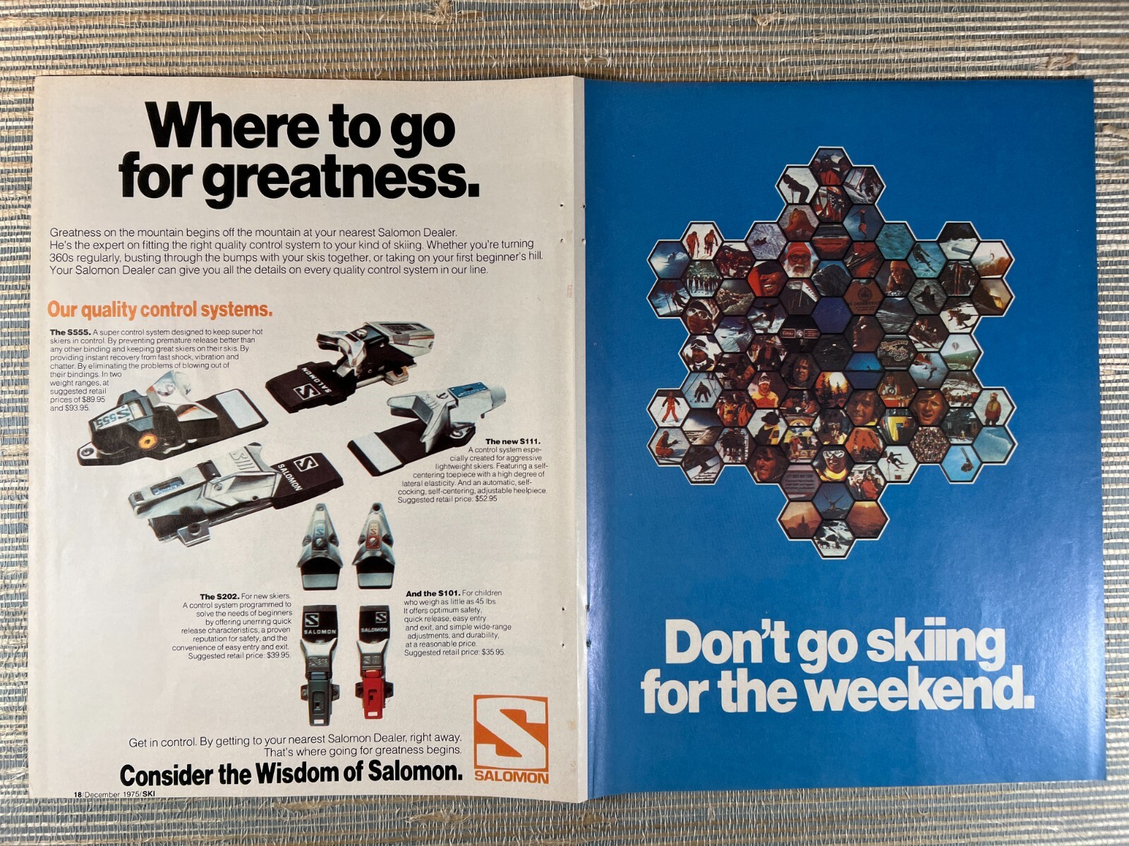 Brochure attacchi sci Salomon S444 S555 S111 S101 S202 1975 pubblicità stampa vintage