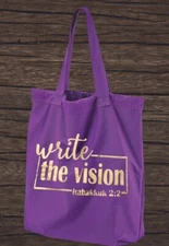 (NEW) Write The Vision Tote Bag | XL Purple Cotton Bag | Inspiration | Hab. 2:2