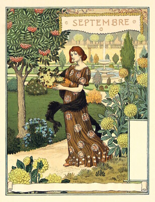 Postcard: Nouveau Print Repro - E. Grasset - September - Woman, hydrangeas