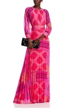 TERI JON Chiffon Overlay Printed Gown W/ Pleated Skirt Size 4 Fuchsia Multi New 