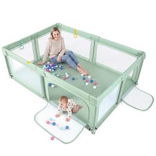Portable Baby Playpen, Large Baby Play Yard w/ 50 Ocean Balls, 4 Pull Rings
