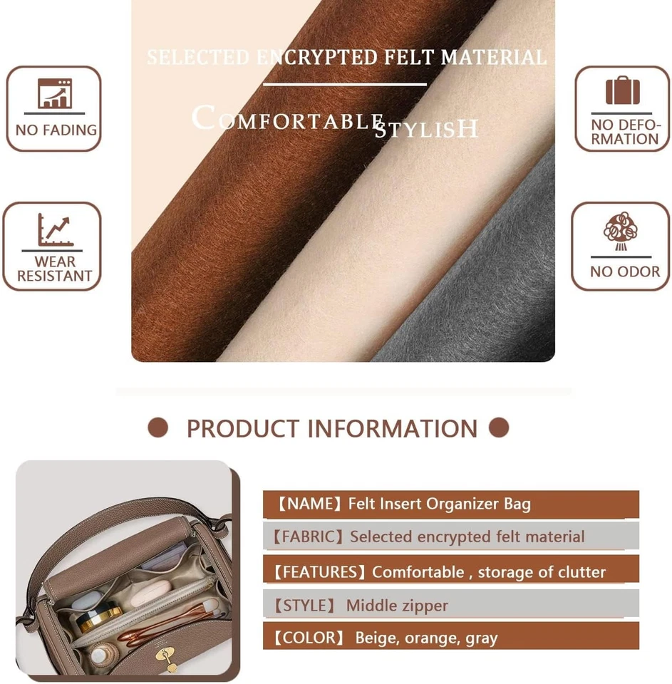 Purse Organizer Insert For Birkin 35 Bag, Felt BK-35, Beige  - Imagem 3 de 4